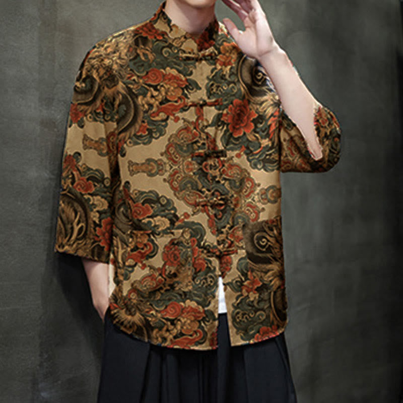 Buddha Stones Camisa de hombre con manga tres cuartos y bolsillos, diseño de rana de primavera, dragón, montaña y flores - image 17