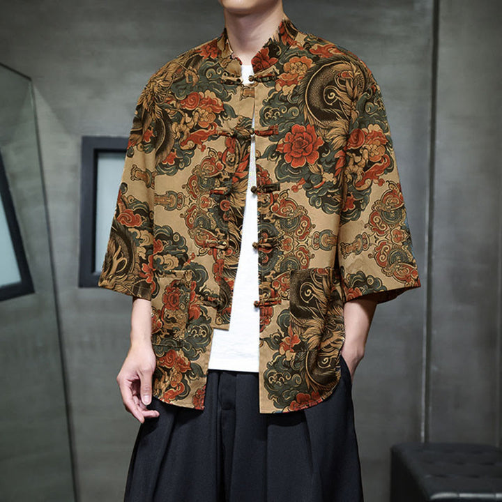 Buddha Stones Camisa de hombre con manga tres cuartos y bolsillos, diseño de rana de primavera, dragón, montaña y flores - image 11