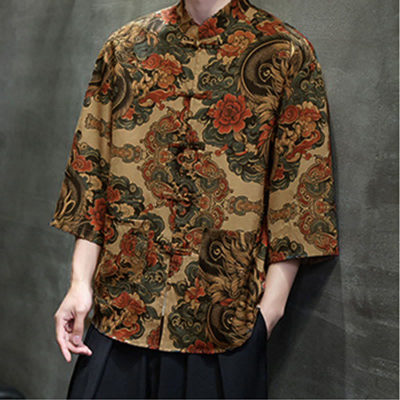 Buddha Stones Camisa de hombre con manga tres cuartos y bolsillos, diseño de rana de primavera, dragón, montaña y flores - image 15