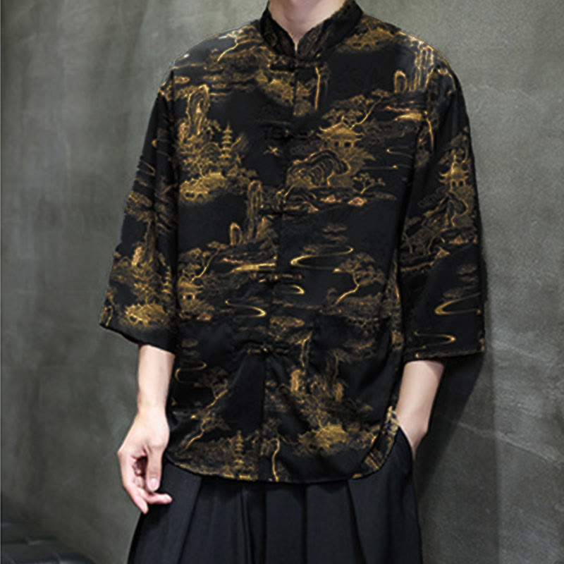 Buddha Stones Camisa de hombre con manga tres cuartos y bolsillos, diseño de rana de primavera, dragón, montaña y flores - image 36