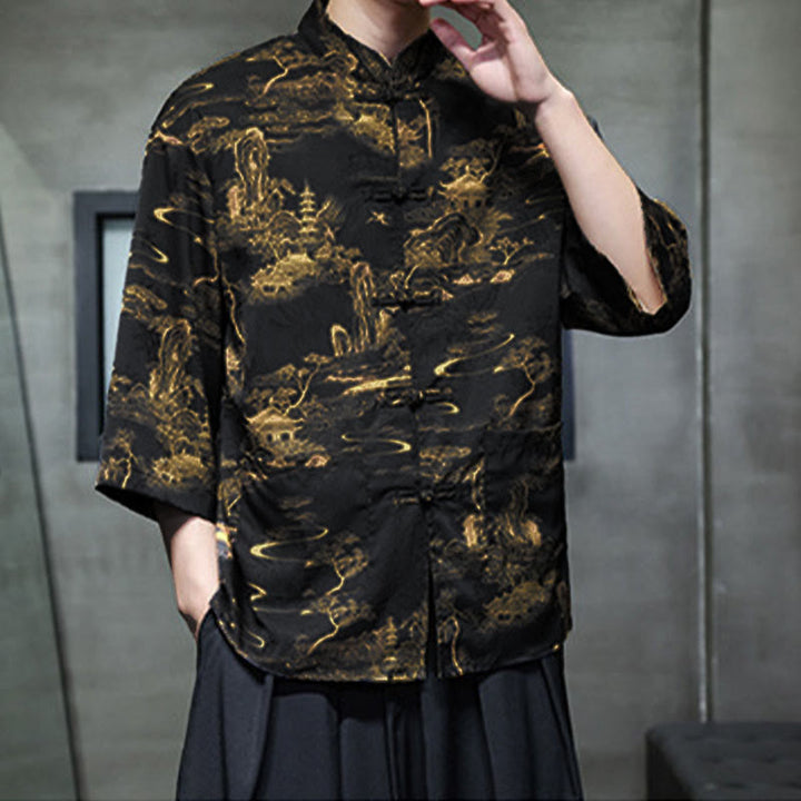 Camisa de hombre Tang Suit con mangas tres cuartos, bolsillos, con estampado de Buddha Stones, primavera, rana, botón, dragón, montaña y flor. - image 30