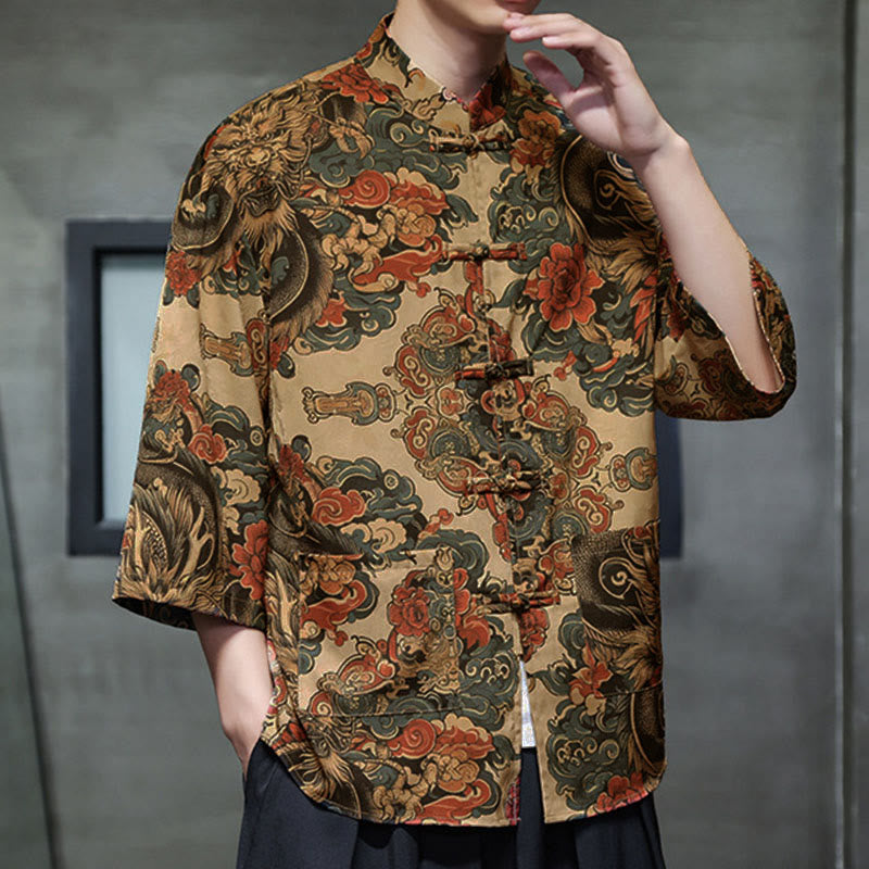 Buddha Stones Camisa de hombre con manga tres cuartos y bolsillos, diseño de rana de primavera, dragón, montaña y flores - image 12