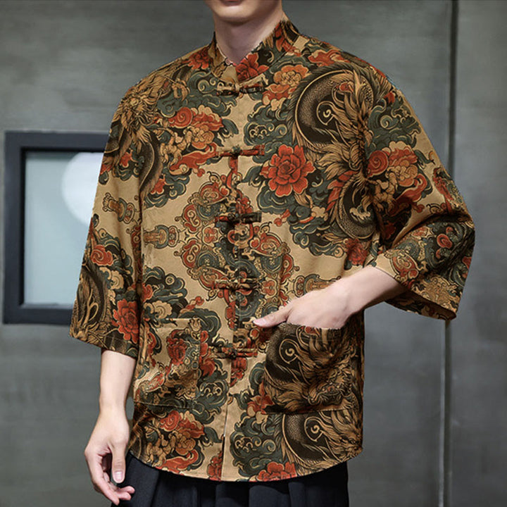 Buddha Stones Camisa de hombre con manga tres cuartos y bolsillos, diseño de rana de primavera, dragón, montaña y flores - image 14