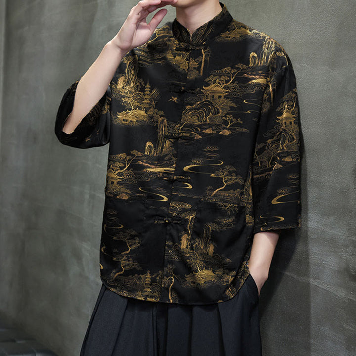 Buddha Stones Camisa de hombre con manga tres cuartos y bolsillos, diseño de rana de primavera, dragón, montaña y flores - image 33