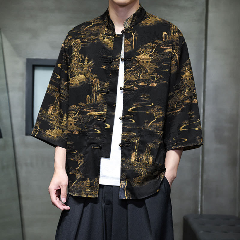 Buddha Stones Camisa de hombre con manga tres cuartos y bolsillos, diseño de rana de primavera, dragón, montaña y flores - image 34