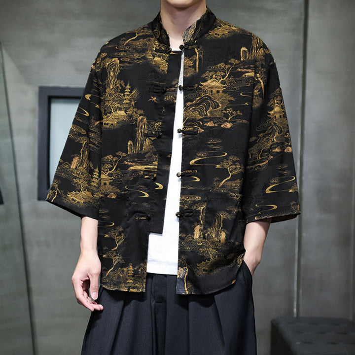 Buddha Stones Camisa de hombre con manga tres cuartos y bolsillos, diseño de rana de primavera, dragón, montaña y flores - image 34