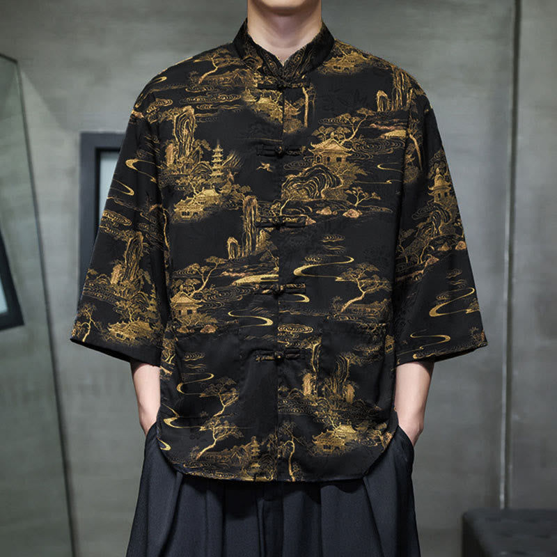 Buddha Stones Camisa de hombre con manga tres cuartos y bolsillos, diseño de rana de primavera, dragón, montaña y flores - image 32