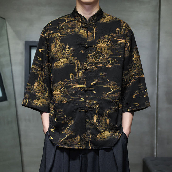 Buddha Stones Camisa de hombre con manga tres cuartos y bolsillos, diseño de rana de primavera, dragón, montaña y flores - image 32