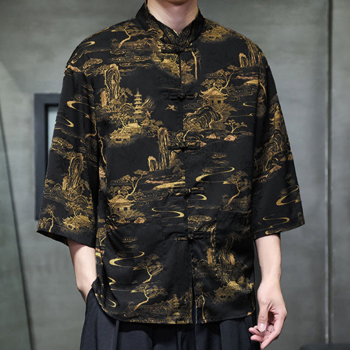 Buddha Stones Camisa de hombre con manga tres cuartos y bolsillos, diseño de rana de primavera, dragón, montaña y flores - image 37