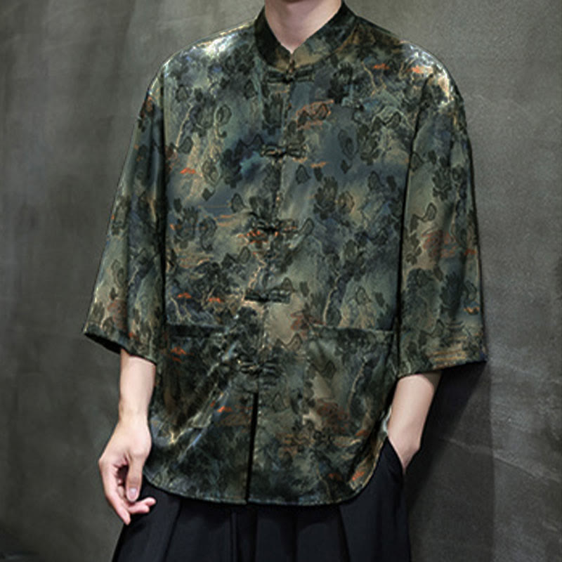 Buddha Stones Camisa de hombre con manga tres cuartos y bolsillos, diseño de rana de primavera, dragón, montaña y flores - image 57