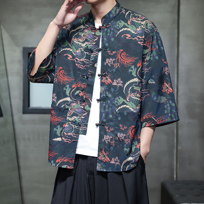 Buddha Stones Camisa de hombre con manga tres cuartos y bolsillos, diseño de rana de primavera, dragón, montaña y flores - image 20