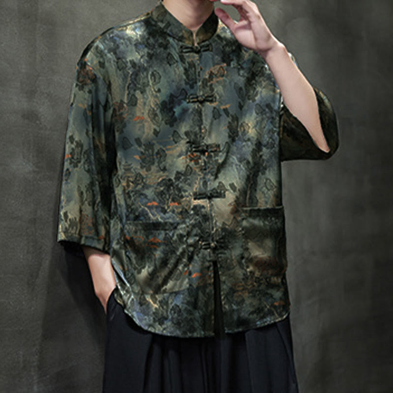 Buddha Stones Camisa de hombre con manga tres cuartos y bolsillos, diseño de rana de primavera, dragón, montaña y flores - image 55