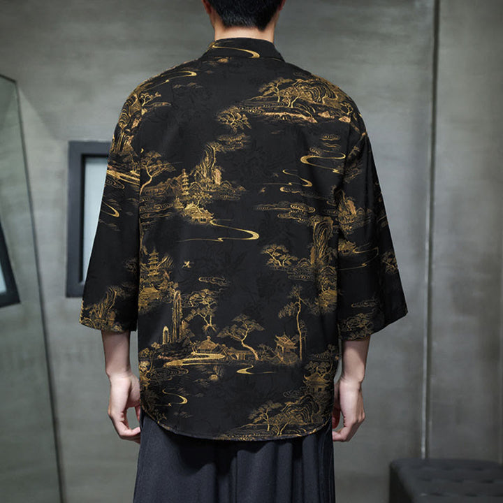 Buddha Stones Camisa de hombre con manga tres cuartos y bolsillos, diseño de rana de primavera, dragón, montaña y flores - image 31