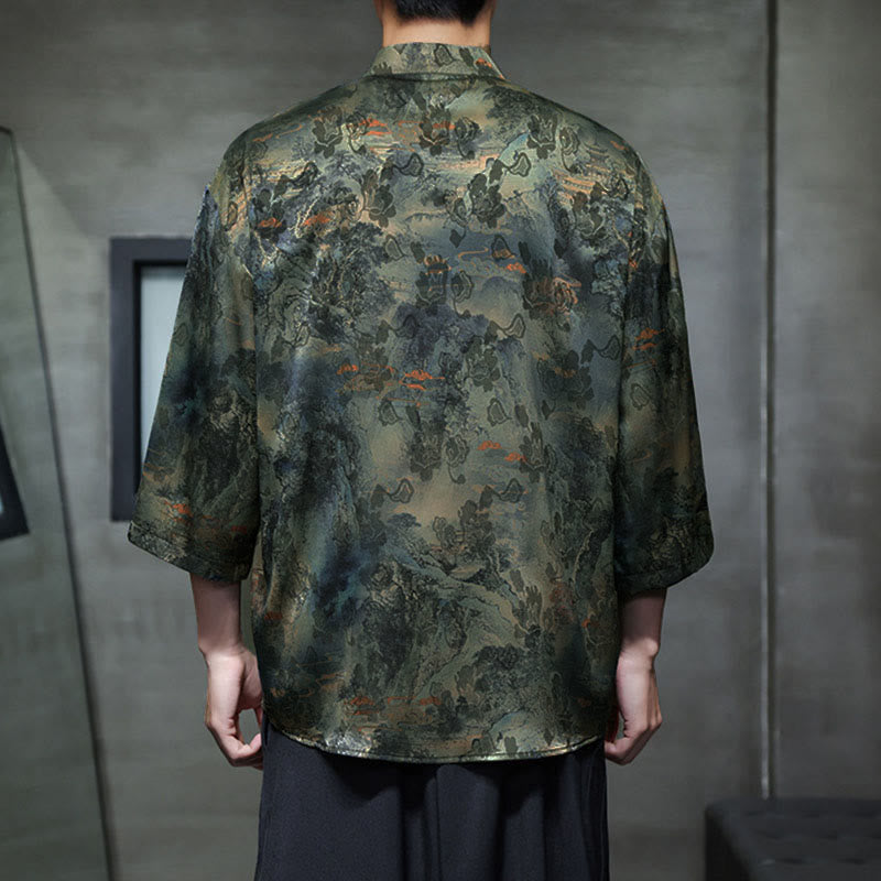 Buddha Stones Camisa de hombre con manga tres cuartos y bolsillos, diseño de rana de primavera, dragón, montaña y flores - image 52