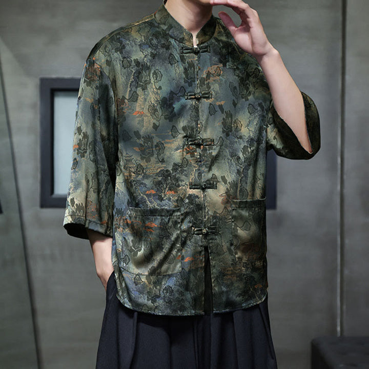 Camisa de hombre Tang Suit con mangas tres cuartos, bolsillos, con estampado de Buddha Stones, primavera, rana, botón, dragón, montaña y flor. - image 56
