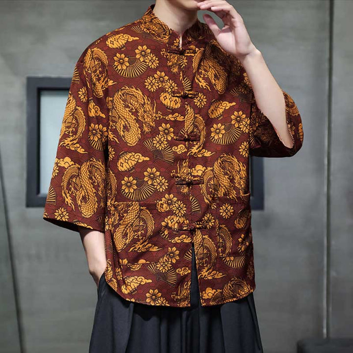 Buddha Stones Camisa de hombre con manga tres cuartos y bolsillos, diseño de rana de primavera, dragón, montaña y flores - image 1