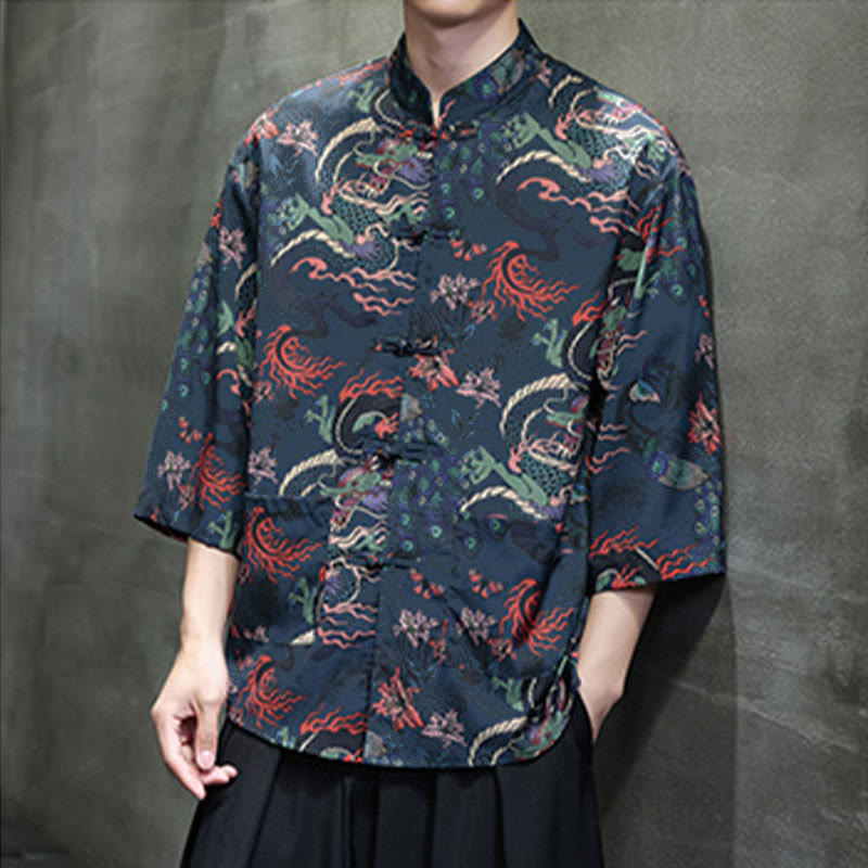Buddha Stones Camisa de hombre con manga tres cuartos y bolsillos, diseño de rana de primavera, dragón, montaña y flores - image 22