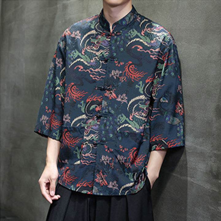 Buddha Stones Camisa de hombre con manga tres cuartos y bolsillos, diseño de rana de primavera, dragón, montaña y flores - image 22