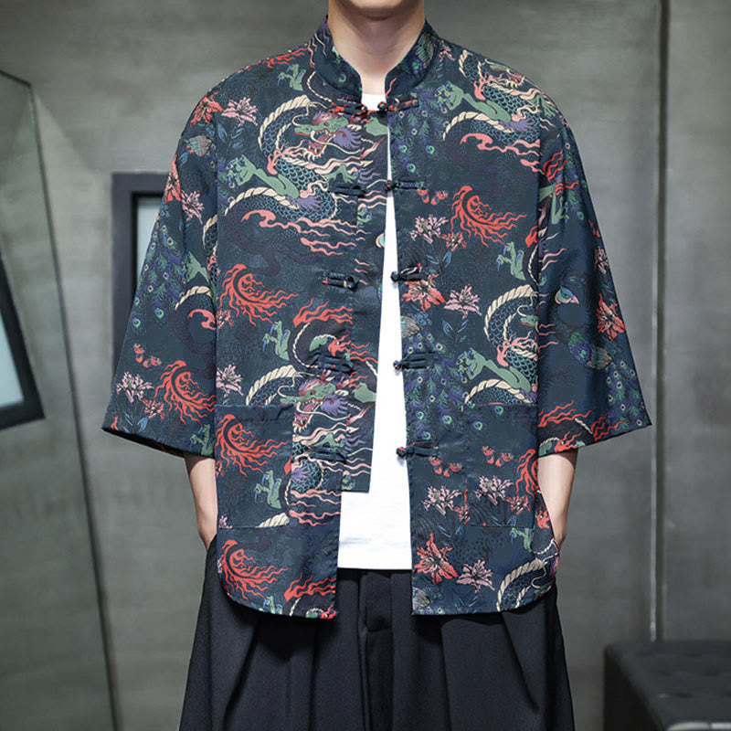 Buddha Stones Camisa de hombre con manga tres cuartos y bolsillos, diseño de rana de primavera, dragón, montaña y flores - image 21