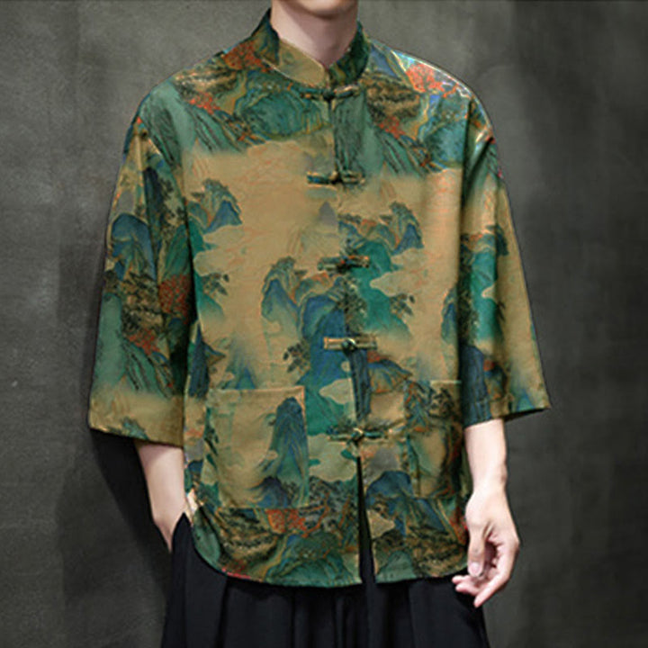 Buddha Stones Camisa de hombre con manga tres cuartos y bolsillos, diseño de rana de primavera, dragón, montaña y flores - image 40