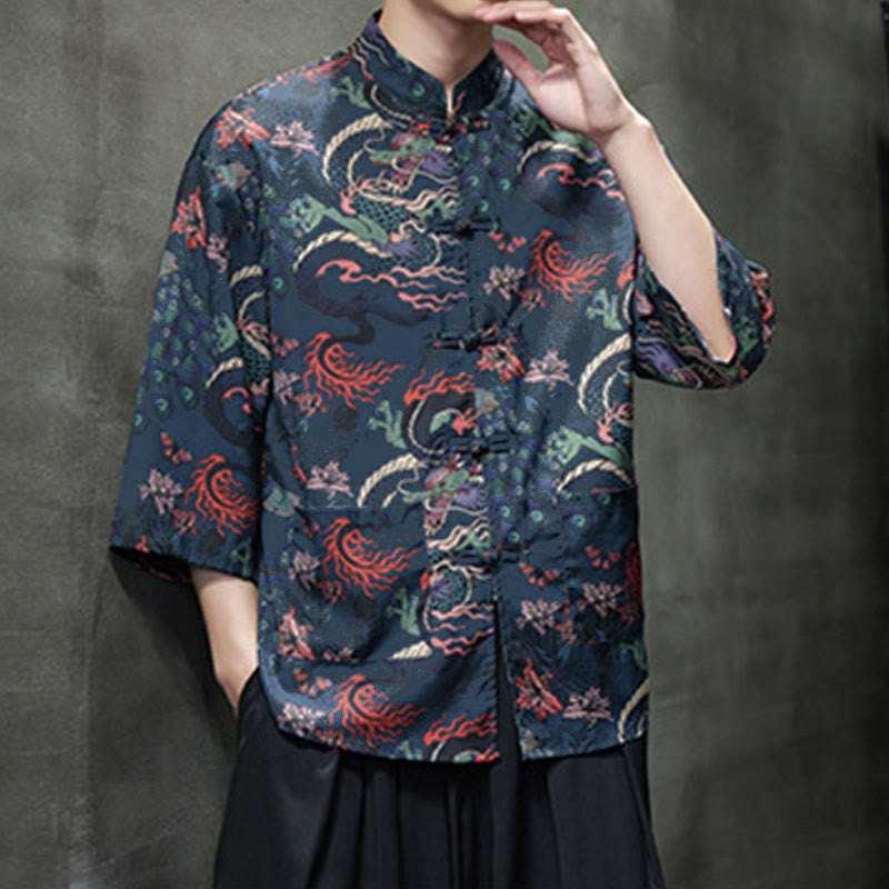 Buddha Stones Camisa de hombre con manga tres cuartos y bolsillos, diseño de rana de primavera, dragón, montaña y flores - image 24