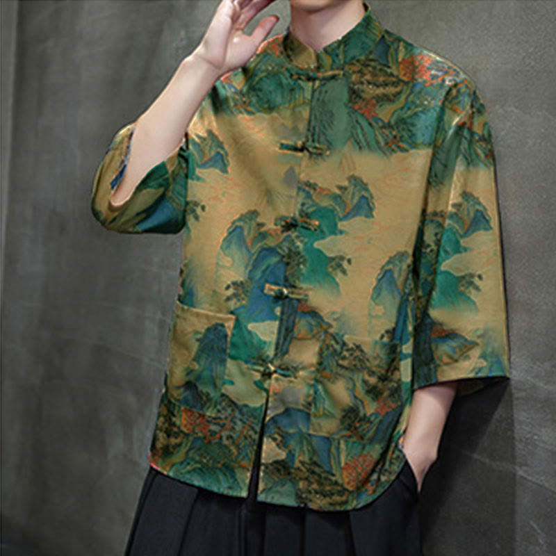 Buddha Stones Camisa de hombre con manga tres cuartos y bolsillos, diseño de rana de primavera, dragón, montaña y flores - image 42