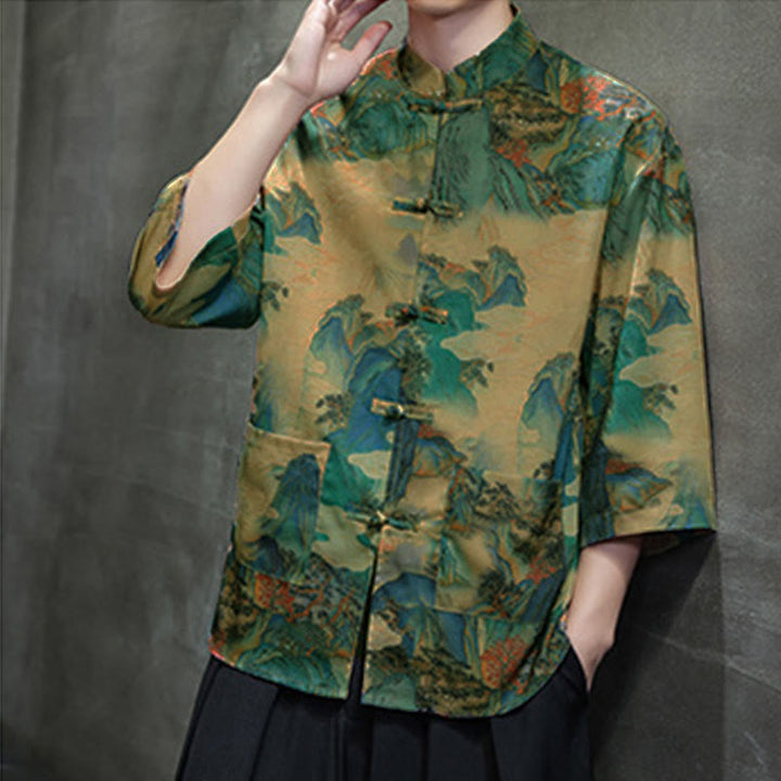 Buddha Stones Camisa de hombre con manga tres cuartos y bolsillos, diseño de rana de primavera, dragón, montaña y flores - image 42