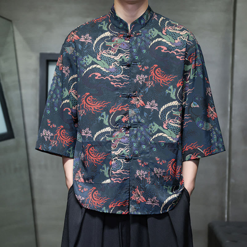 Buddha Stones Camisa de hombre con manga tres cuartos y bolsillos, diseño de rana de primavera, dragón, montaña y flores - image 26