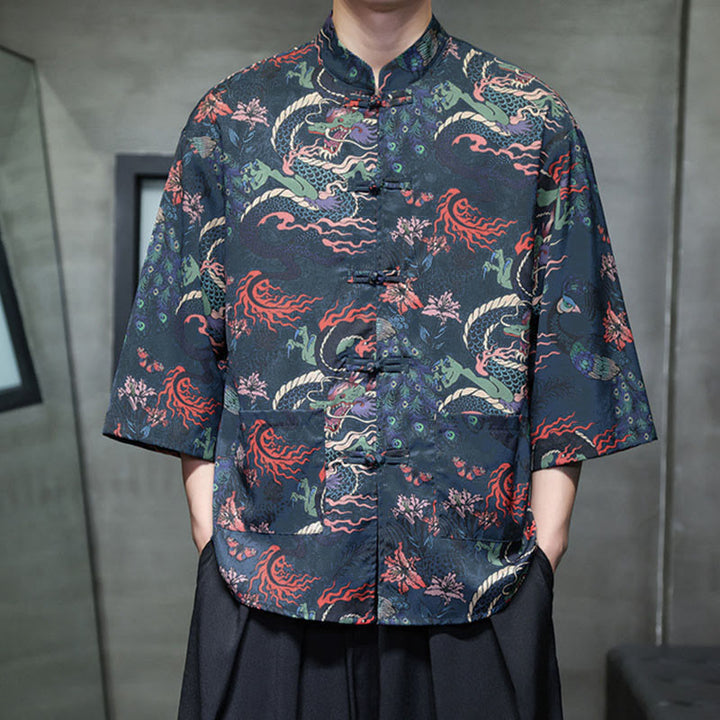 Buddha Stones Camisa de hombre con manga tres cuartos y bolsillos, diseño de rana de primavera, dragón, montaña y flores - image 26