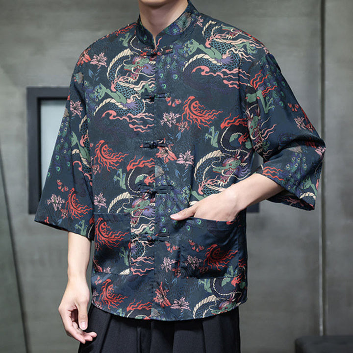 Buddha Stones Camisa de hombre con manga tres cuartos y bolsillos, diseño de rana de primavera, dragón, montaña y flores - image 25