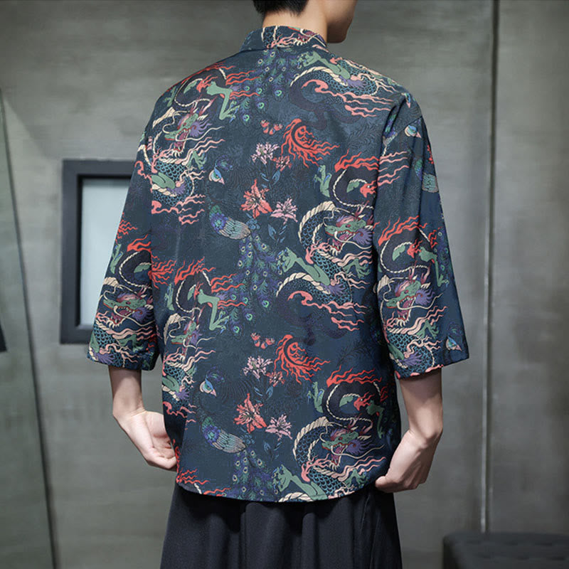 Buddha Stones Camisa de hombre con manga tres cuartos y bolsillos, diseño de rana de primavera, dragón, montaña y flores - image 23