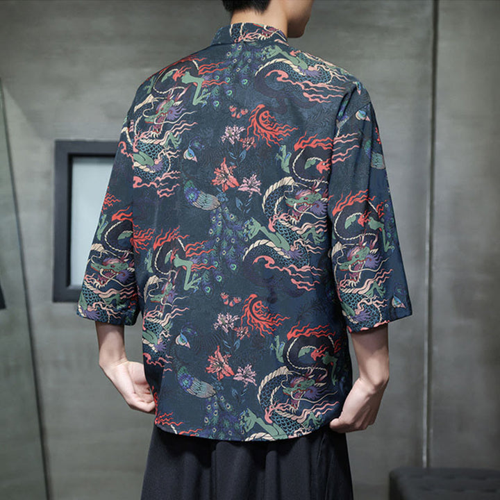 Buddha Stones Camisa de hombre con manga tres cuartos y bolsillos, diseño de rana de primavera, dragón, montaña y flores - image 23