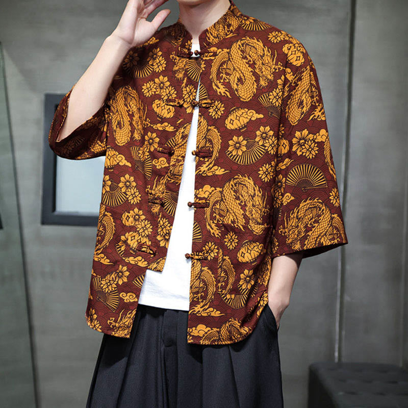 Buddha Stones Camisa de hombre con manga tres cuartos y bolsillos, diseño de rana de primavera, dragón, montaña y flores - image 3