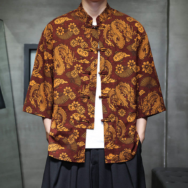 Camisa de hombre Tang Suit con mangas tres cuartos, bolsillos, con estampado de Buddha Stones, primavera, rana, botón, dragón, montaña y flor. - image 9