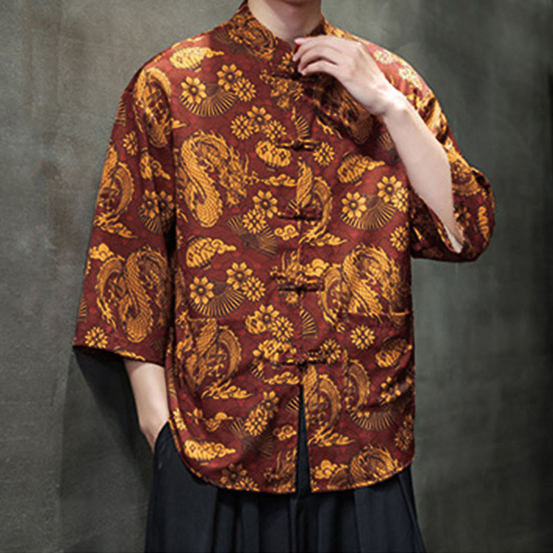 Buddha Stones Camisa de hombre con manga tres cuartos y bolsillos, diseño de rana de primavera, dragón, montaña y flores - image 6