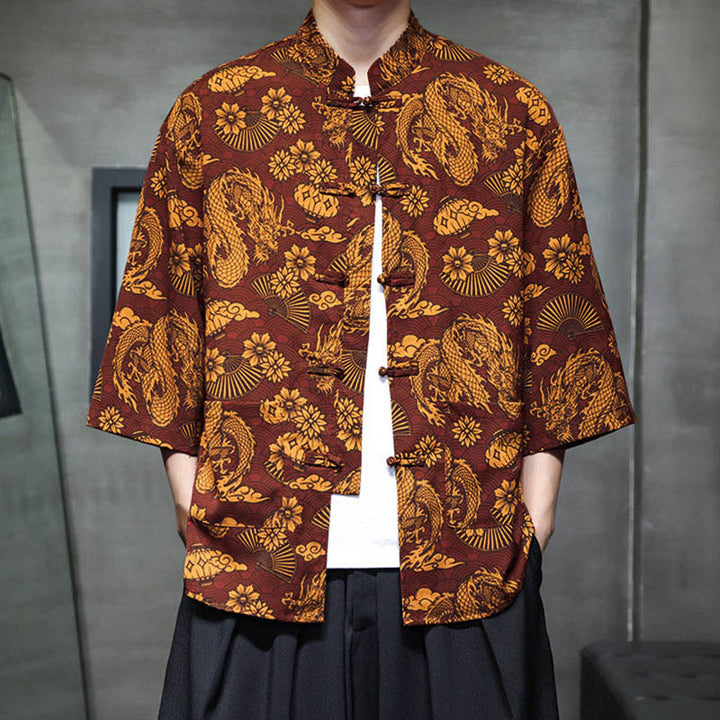Buddha Stones Camisa de hombre con manga tres cuartos y bolsillos, diseño de rana de primavera, dragón, montaña y flores - image 9