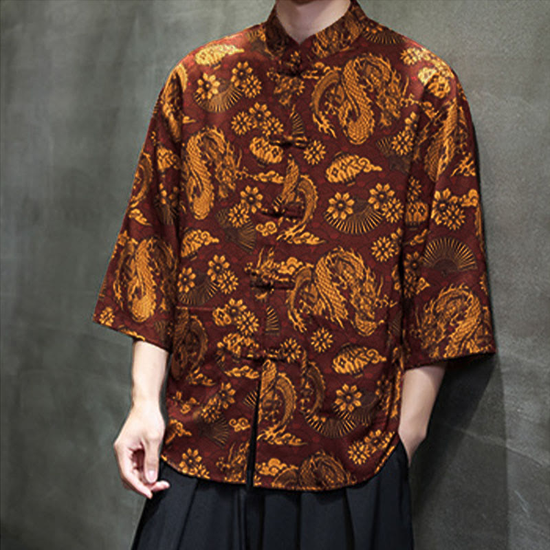 Buddha Stones Camisa de hombre con manga tres cuartos y bolsillos, diseño de rana de primavera, dragón, montaña y flores - image 2