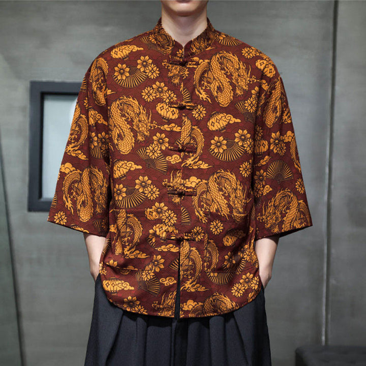 Buddha Stones Camisa de hombre con manga tres cuartos y bolsillos, diseño de rana de primavera, dragón, montaña y flores - image 5