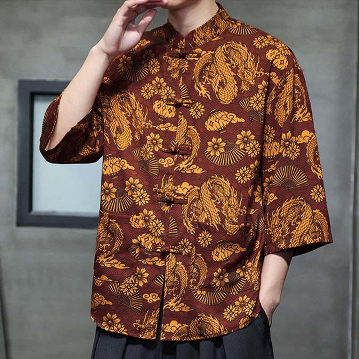 Camisa de hombre Tang Suit con mangas tres cuartos, bolsillos, con estampado de Buddha Stones, primavera, rana, botón, dragón, montaña y flor. - image 7