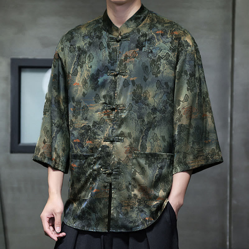Camisa de hombre Tang Suit con mangas tres cuartos, bolsillos, con estampado de Buddha Stones, primavera, rana, botón, dragón, montaña y flor. - image 51