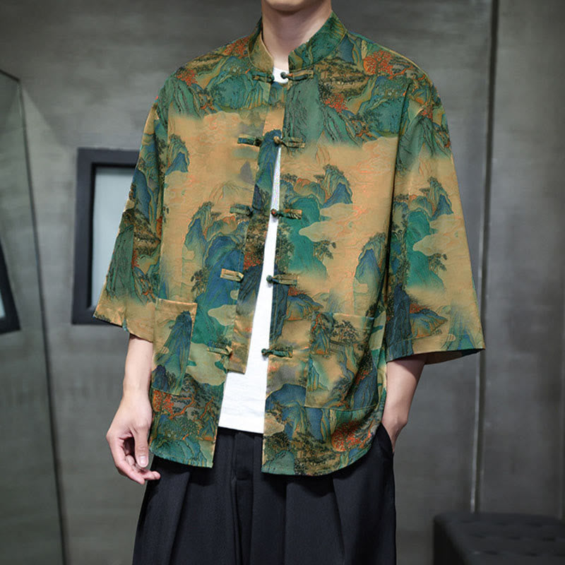 Buddha Stones Camisa de hombre con manga tres cuartos y bolsillos, diseño de rana de primavera, dragón, montaña y flores - image 41