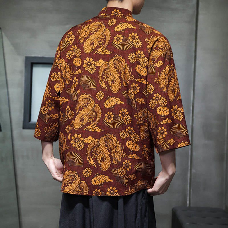 Buddha Stones Camisa de hombre con manga tres cuartos y bolsillos, diseño de rana de primavera, dragón, montaña y flores - image 4