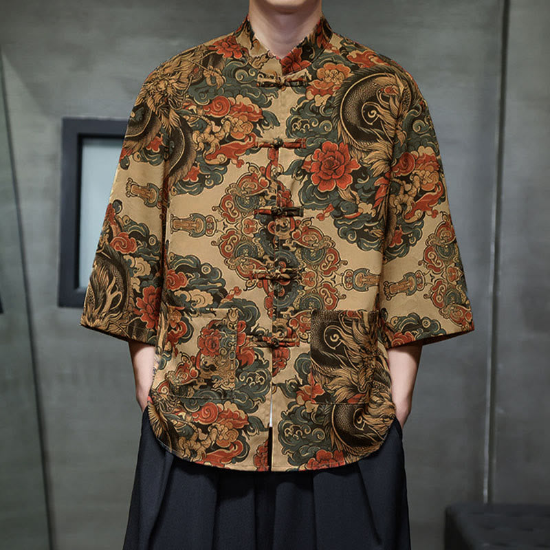 Buddha Stones Camisa de hombre con manga tres cuartos y bolsillos, diseño de rana de primavera, dragón, montaña y flores - image 16