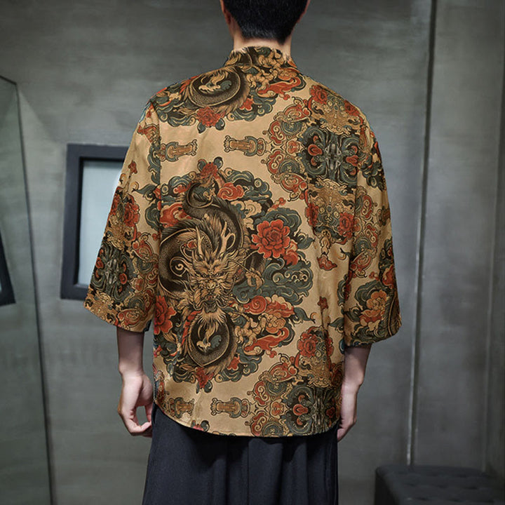 Buddha Stones Camisa de hombre con manga tres cuartos y bolsillos, diseño de rana de primavera, dragón, montaña y flores - image 13