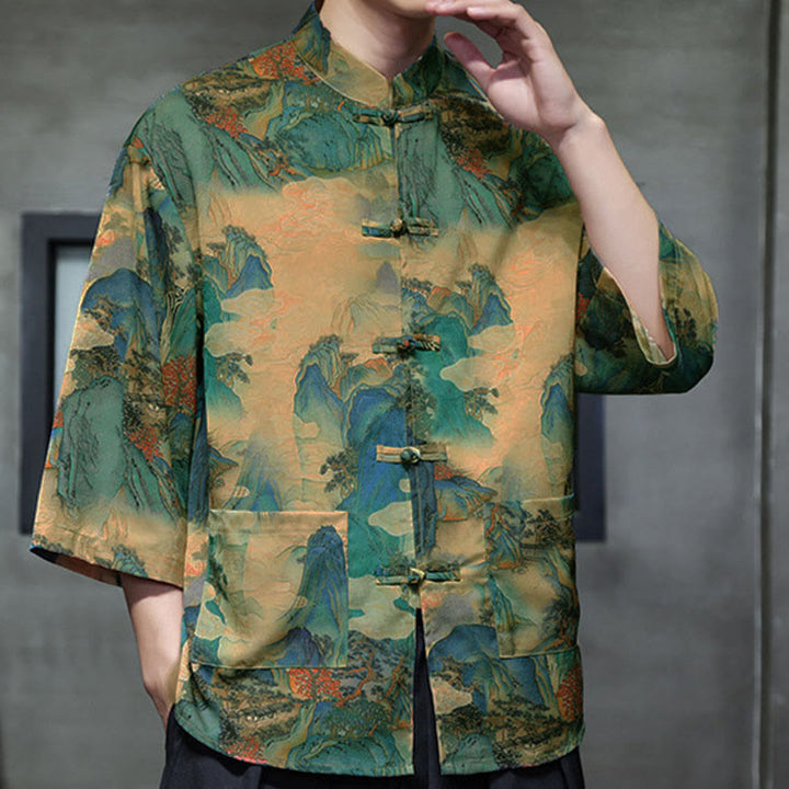 Buddha Stones Camisa de hombre con manga tres cuartos y bolsillos, diseño de rana de primavera, dragón, montaña y flores - image 43