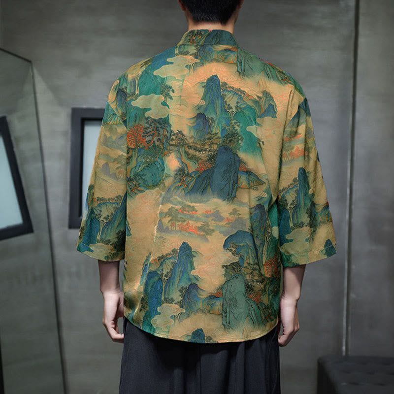 Buddha Stones Camisa de hombre con manga tres cuartos y bolsillos, diseño de rana de primavera, dragón, montaña y flores - image 45
