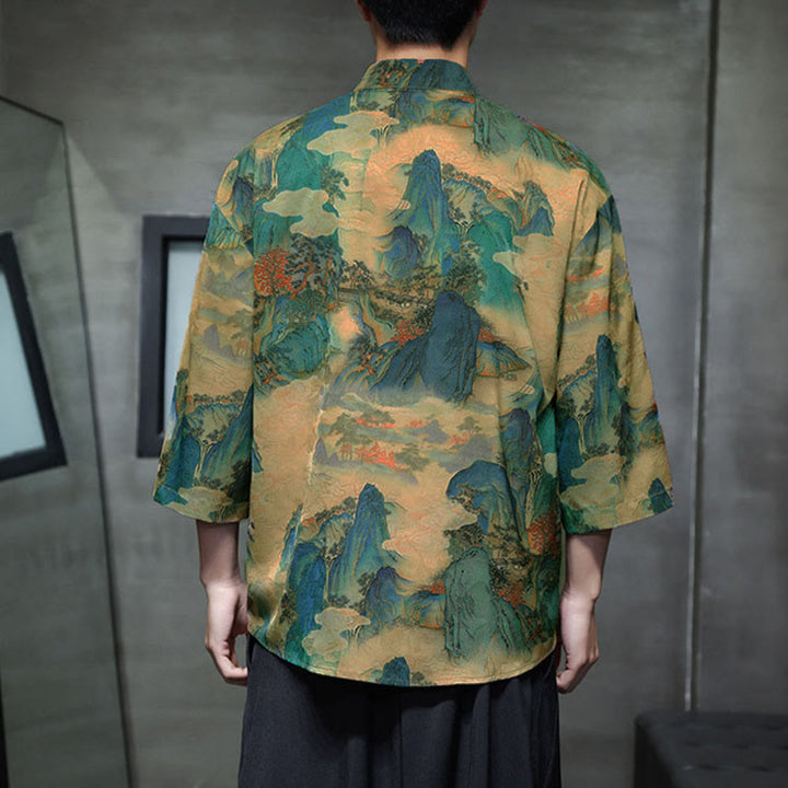 Buddha Stones Camisa de hombre con manga tres cuartos y bolsillos, diseño de rana de primavera, dragón, montaña y flores - image 45