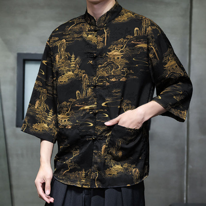 Buddha Stones Camisa de hombre con manga tres cuartos y bolsillos, diseño de rana de primavera, dragón, montaña y flores - image 35