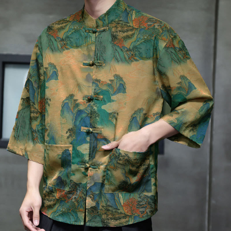 Buddha Stones Camisa de hombre con manga tres cuartos y bolsillos, diseño de rana de primavera, dragón, montaña y flores - image 44