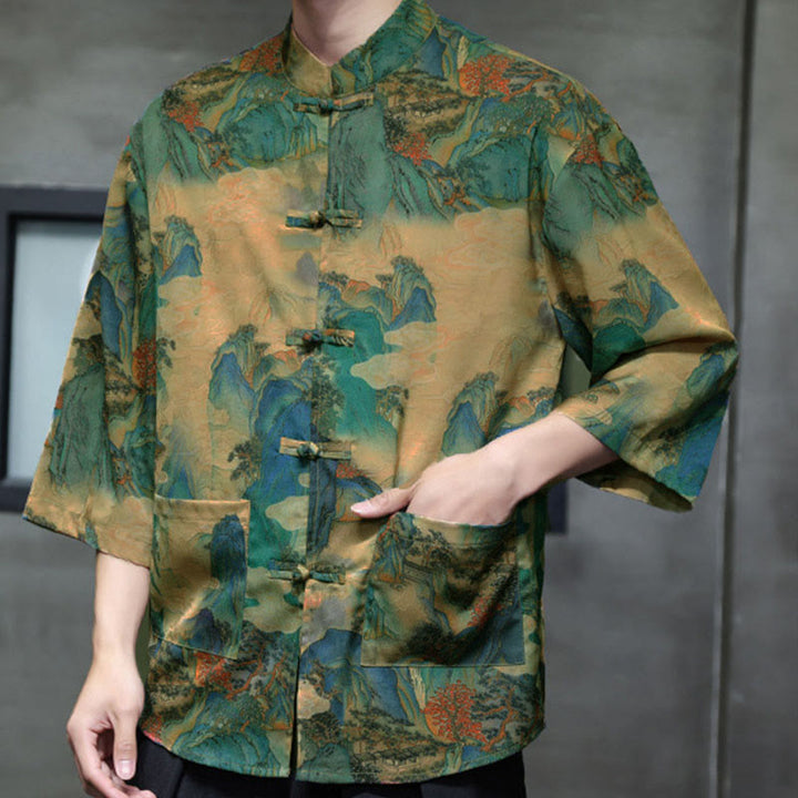 Buddha Stones Camisa de hombre con manga tres cuartos y bolsillos, diseño de rana de primavera, dragón, montaña y flores - image 44